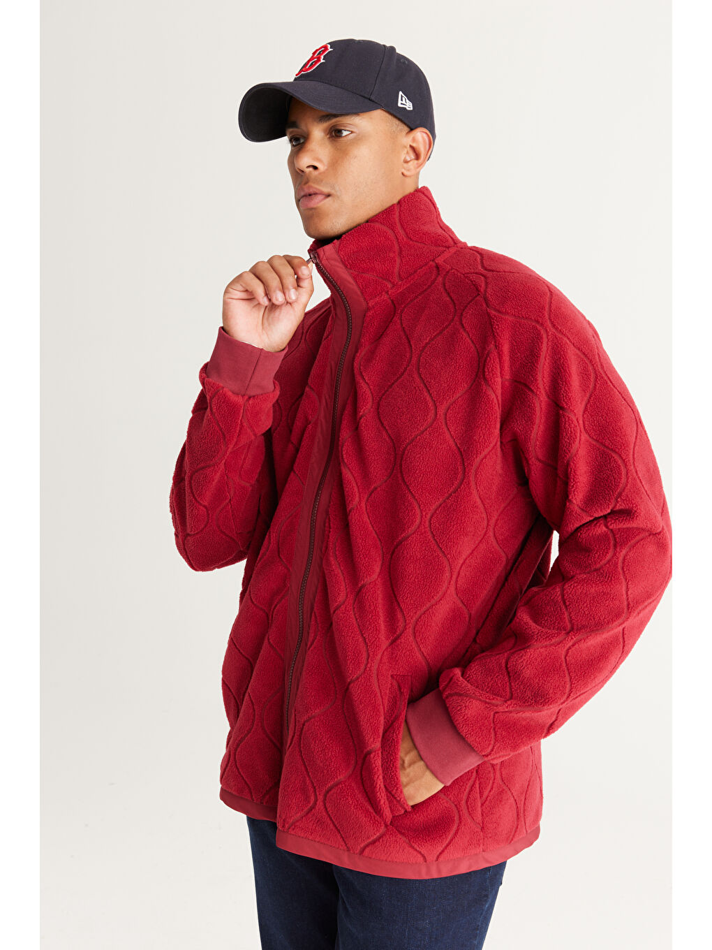 Bordo Oversize Bol Kesim Dik Yaka Jakarlı Erkek Polar Fermuarlı Sweatshirt Hırka-1