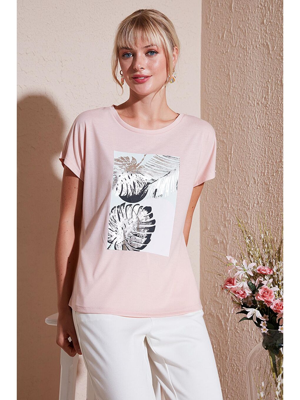 Lela Pudra Pembe Baskılı Bisiklet Yaka Regular Fit T Shirt 6671004