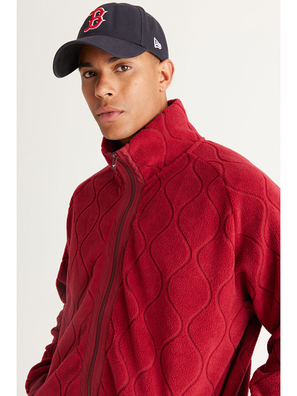 Bordo Oversize Bol Kesim Dik Yaka Jakarlı Erkek Polar Fermuarlı Sweatshirt Hırka-2