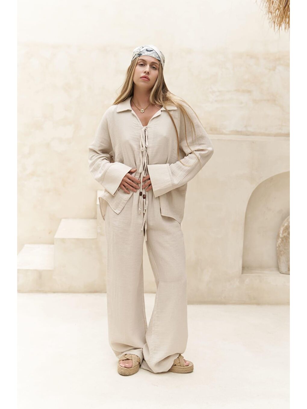 Bej Bali Boncuklu Natural Müslin Takım