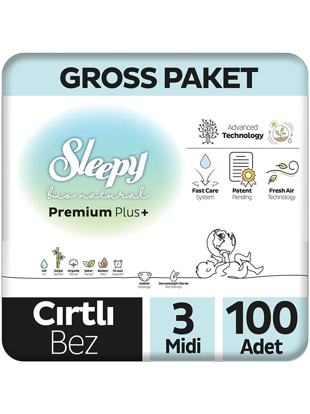 Sleepy Bio Natural Premium Plus Gross Paket Bebek Bezi 3 Numara Midi 100 Adet