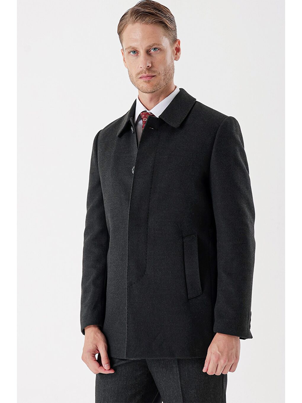 Koyu Antrasit Kaşe Berberi Yaka Kapitoneli Astar Comfort Fit Rahat Kesim Klasik Kaban 1008235161