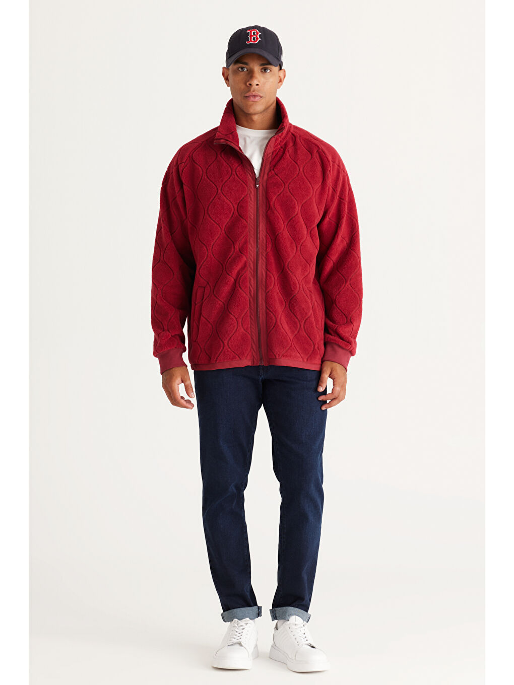 Bordo Oversize Bol Kesim Dik Yaka Jakarlı Erkek Polar Fermuarlı Sweatshirt Hırka-3