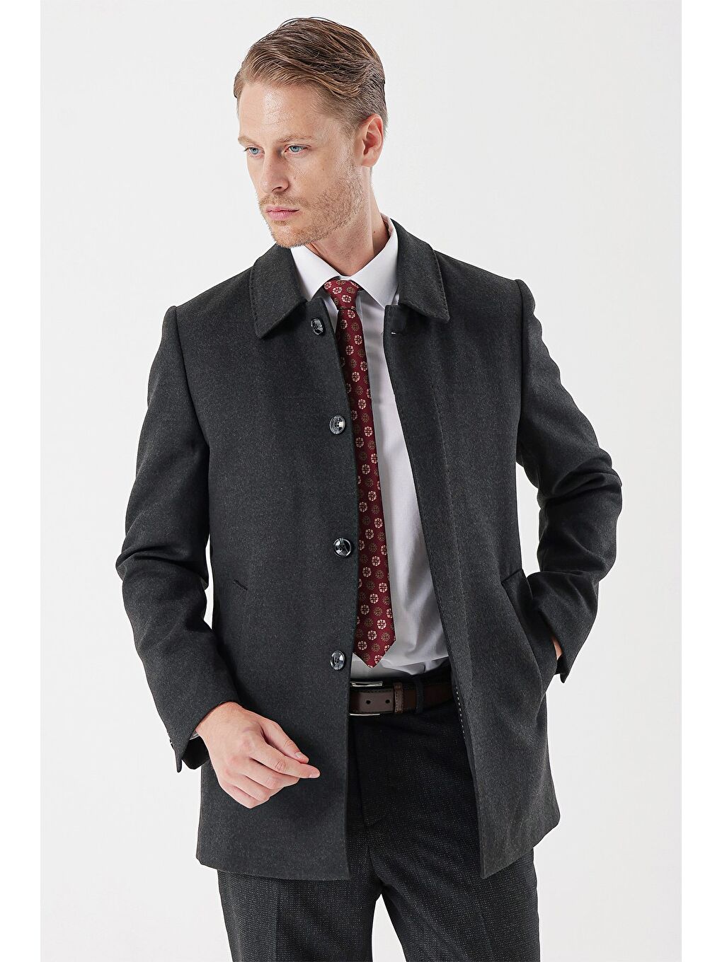 Koyu Antrasit Kaşe Berberi Yaka Kapitoneli Astar Comfort Fit Rahat Kesim Klasik Kaban 1008235161-1