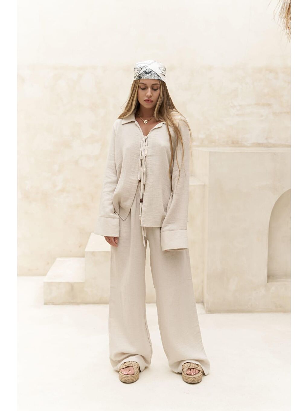 Bej Bali Boncuklu Natural Müslin Takım-1