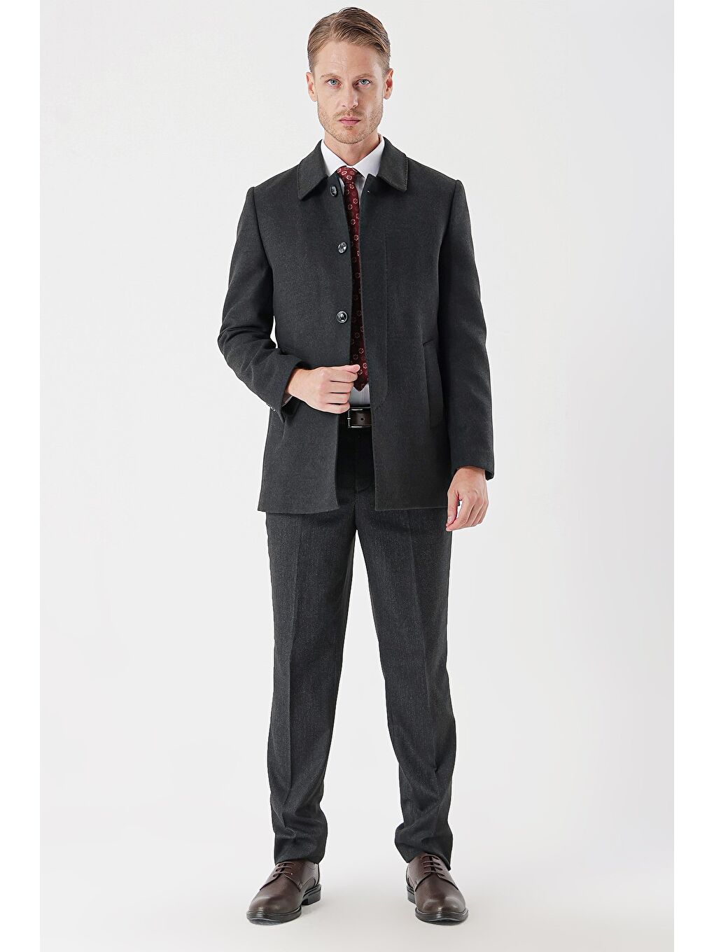 Koyu Antrasit Kaşe Berberi Yaka Kapitoneli Astar Comfort Fit Rahat Kesim Klasik Kaban 1008235161-2