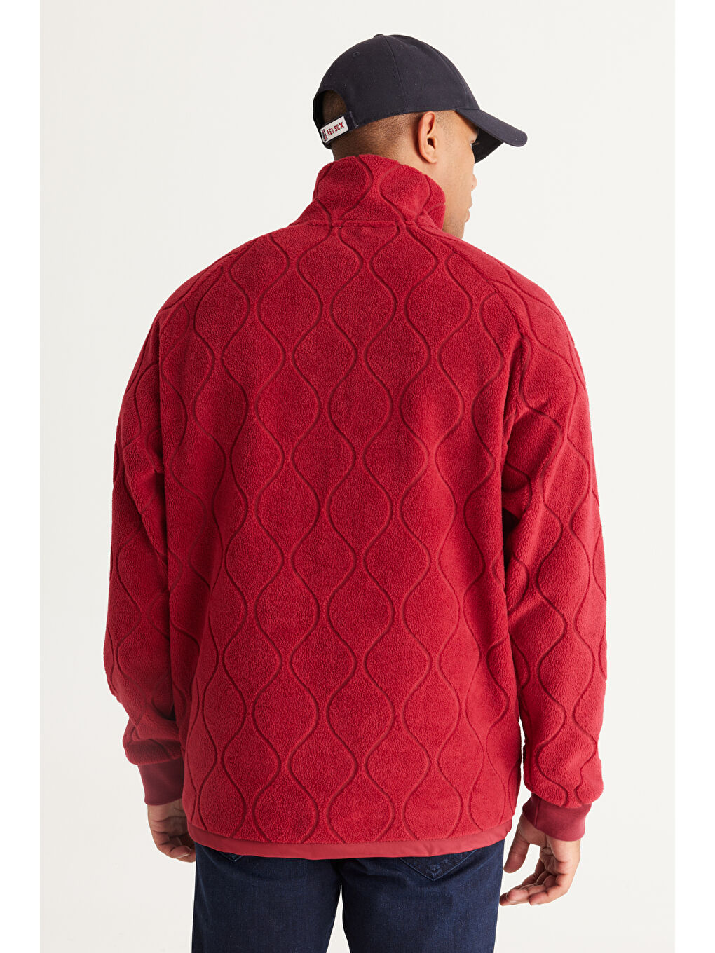Bordo Oversize Bol Kesim Dik Yaka Jakarlı Erkek Polar Fermuarlı Sweatshirt Hırka-4