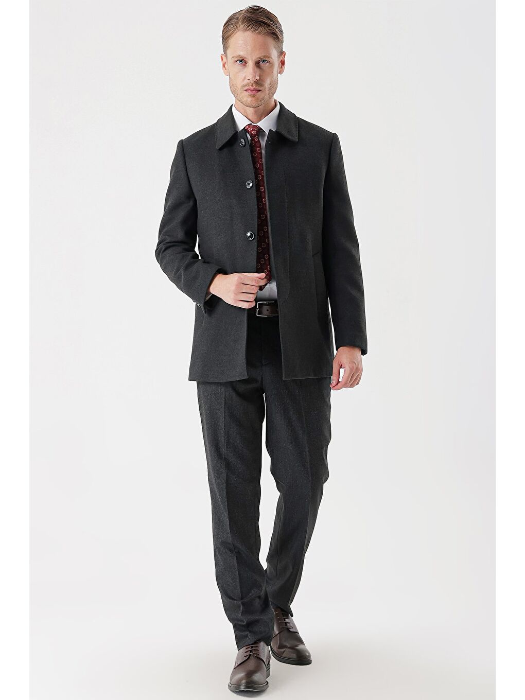 Koyu Antrasit Kaşe Berberi Yaka Kapitoneli Astar Comfort Fit Rahat Kesim Klasik Kaban 1008235161-3