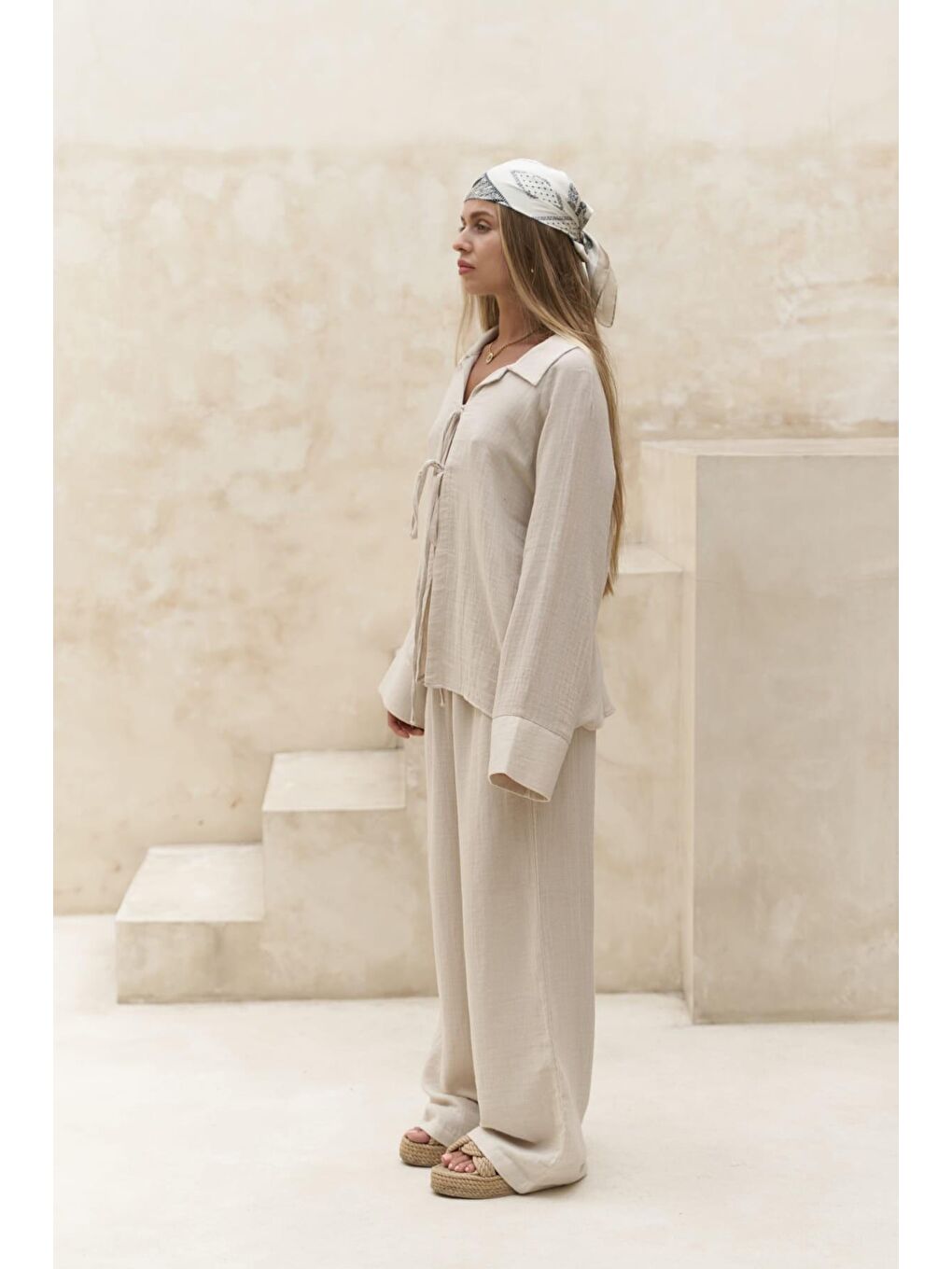 Bej Bali Boncuklu Natural Müslin Takım-2