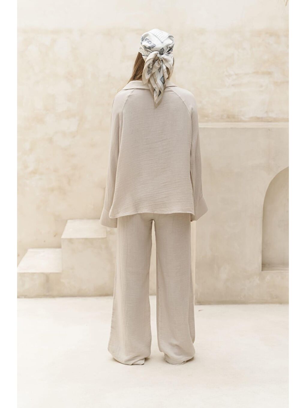 Bej Bali Boncuklu Natural Müslin Takım-3