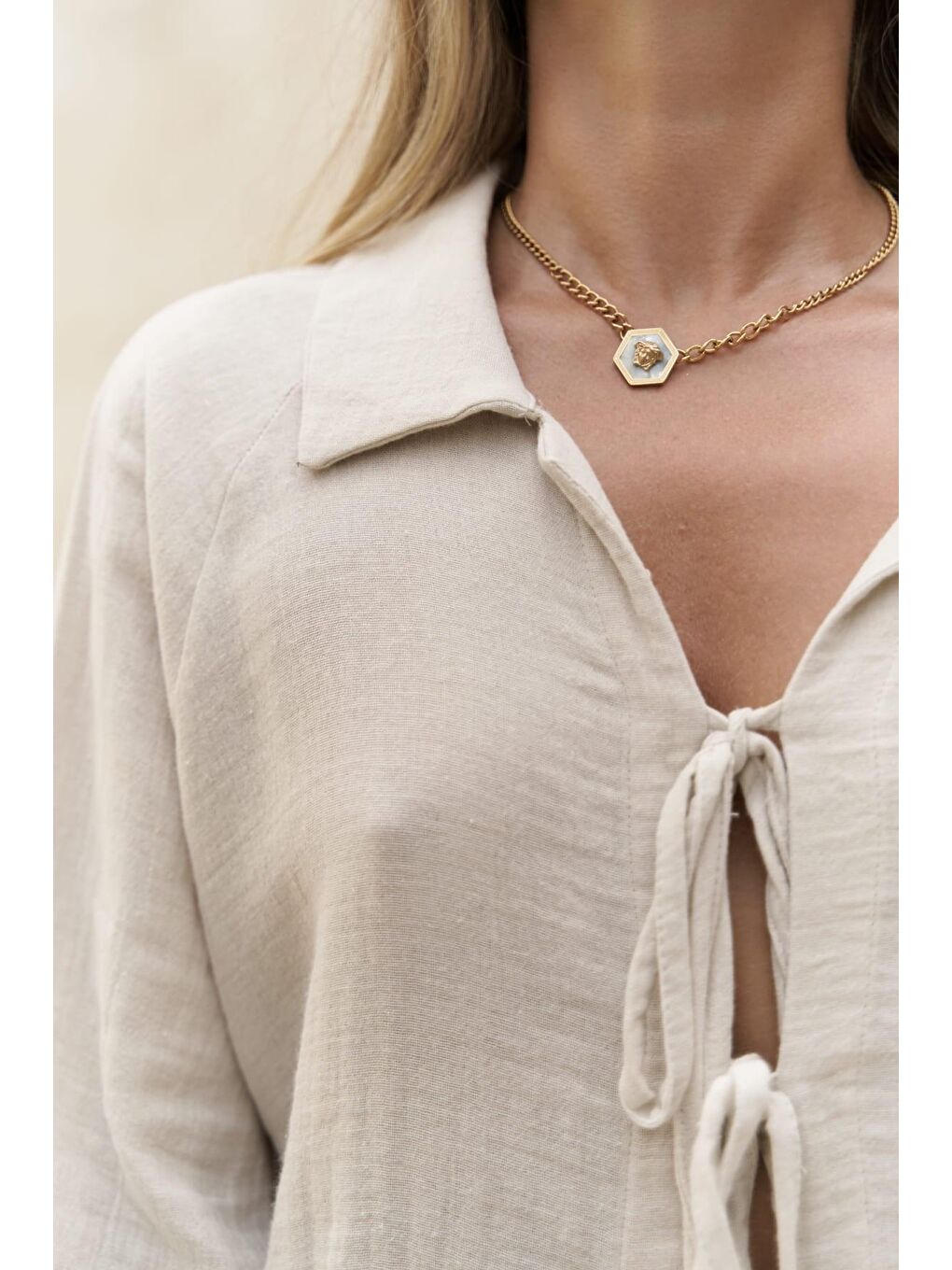 Bej Bali Boncuklu Natural Müslin Takım-4