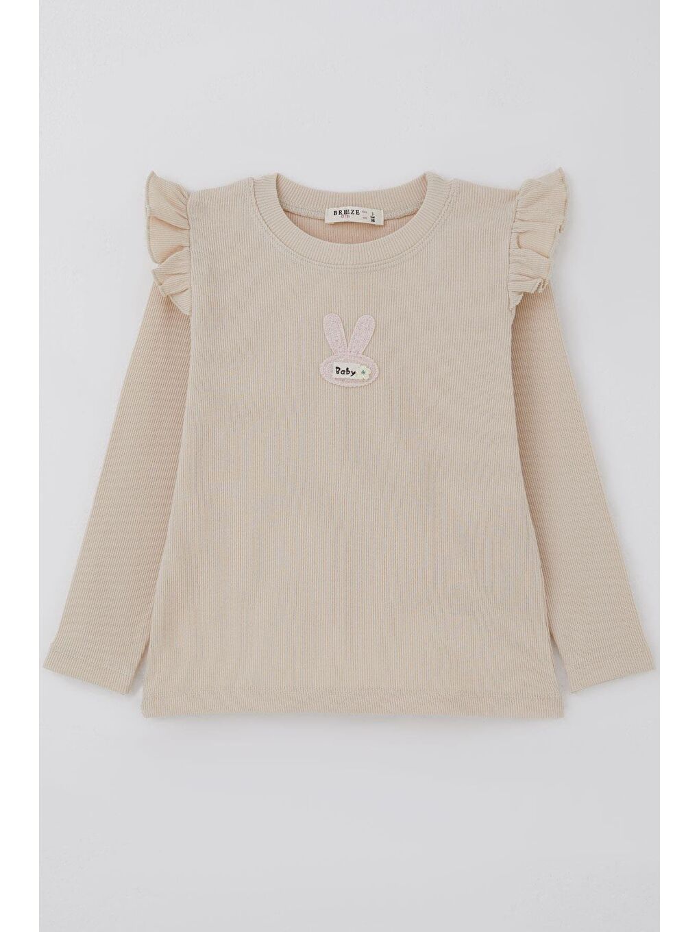Kız Çocuk Uzun Kollu Tişört Tavşan Aplike Armalı Çiçekli Bej (2-6 Yaş)
