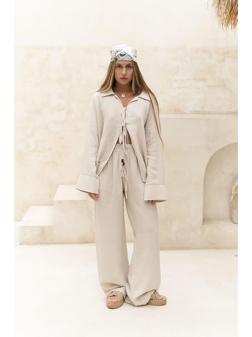 Bej Bali Boncuklu Natural Müslin Takım-6