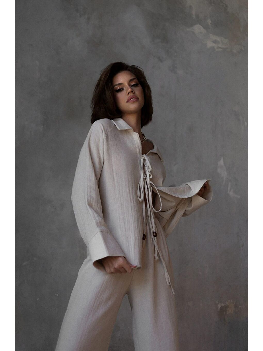 Bej Bali Boncuklu Natural Müslin Takım-7