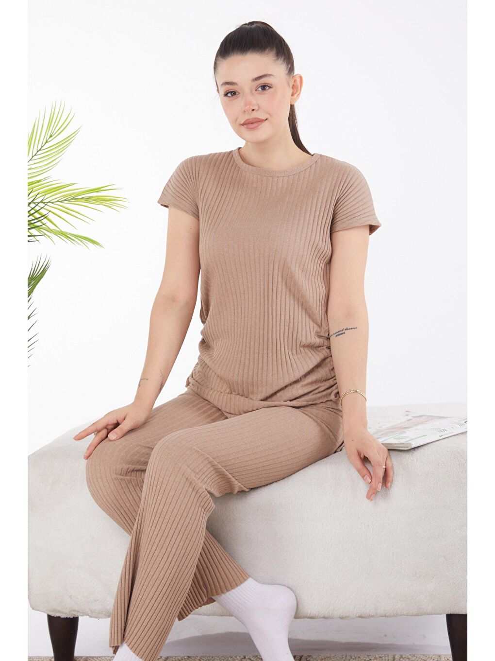 Bej Bisiklet Yaka Kadın Vizon Yanları Bağcıklı İkili Takım - 25839-1