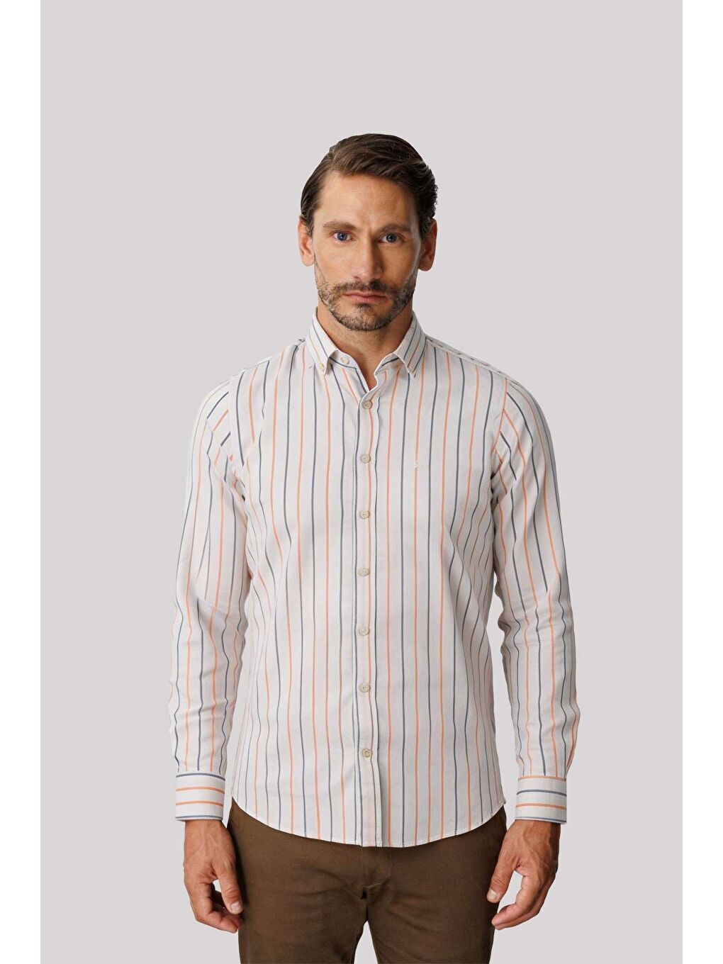 Turuncu Somon İnce Çizgili Dynamic Fit Uzun Kollu Gömlek