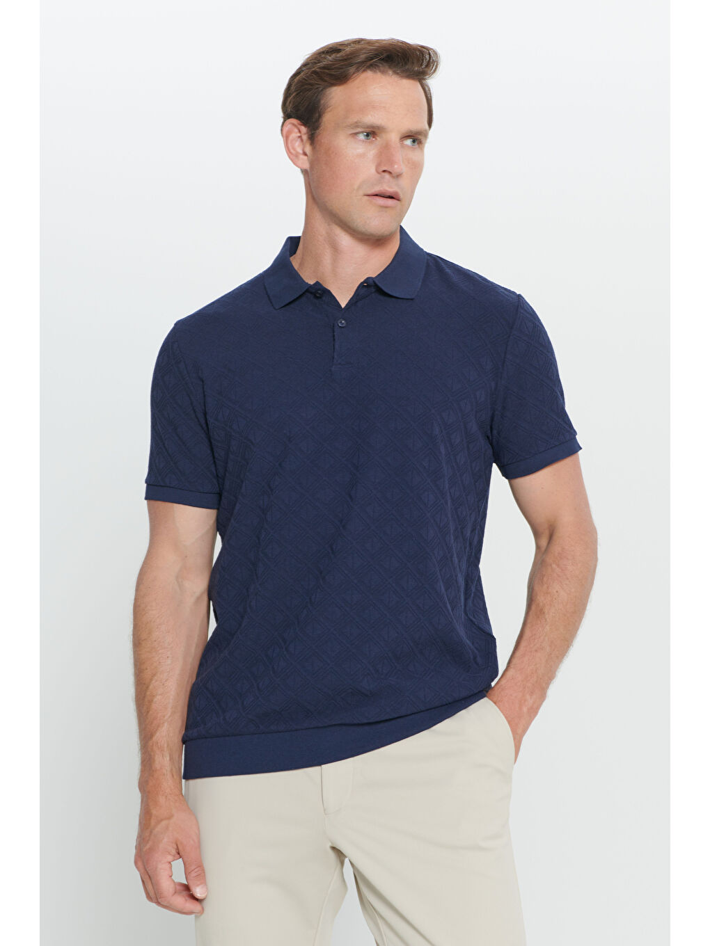 Erkek İndigo Standart Fit Normal Kesim Pamuklu Baklava Desenli Polo Yaka Tişört