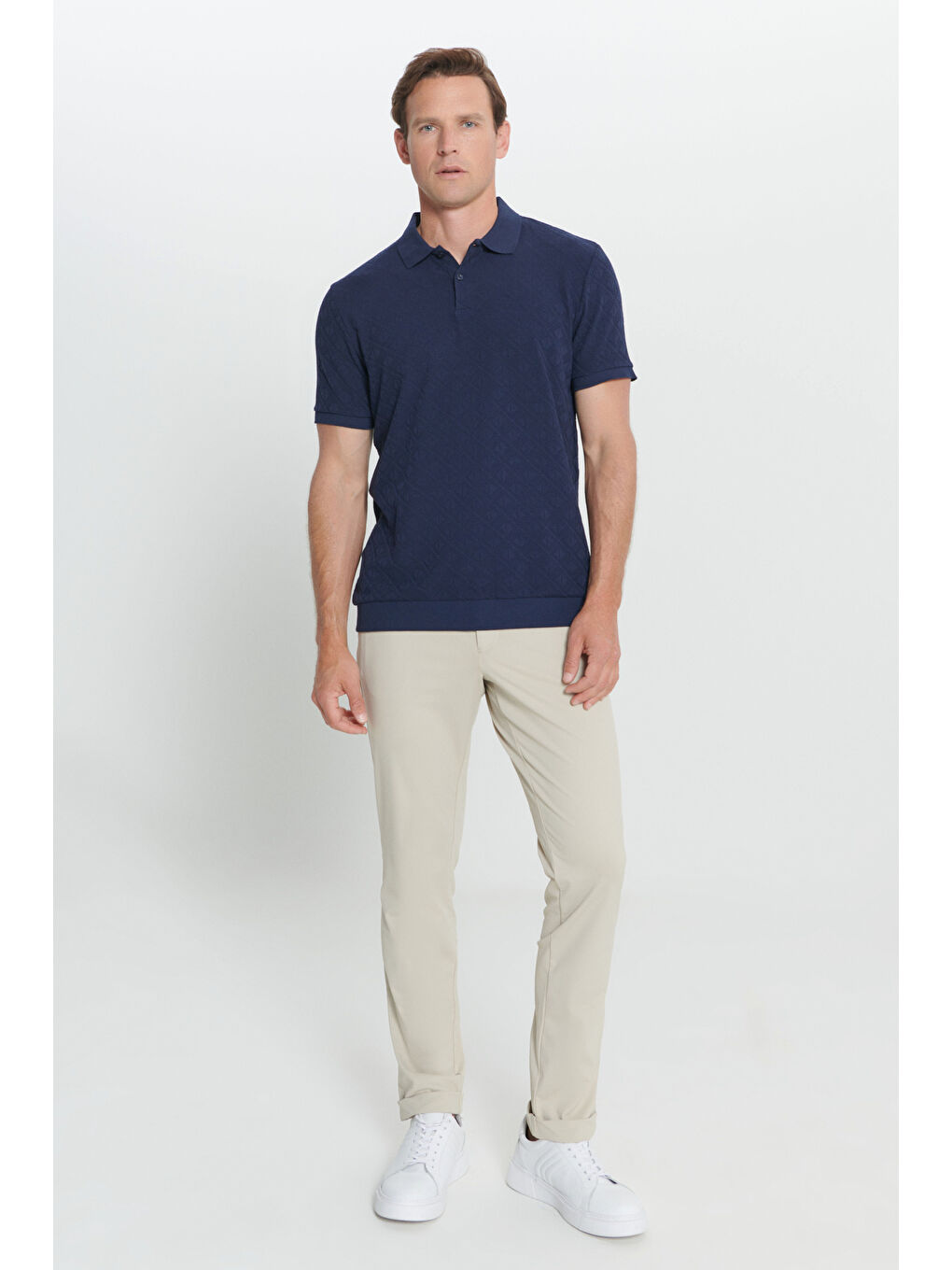 Erkek İndigo Standart Fit Normal Kesim Pamuklu Baklava Desenli Polo Yaka Tişört-1