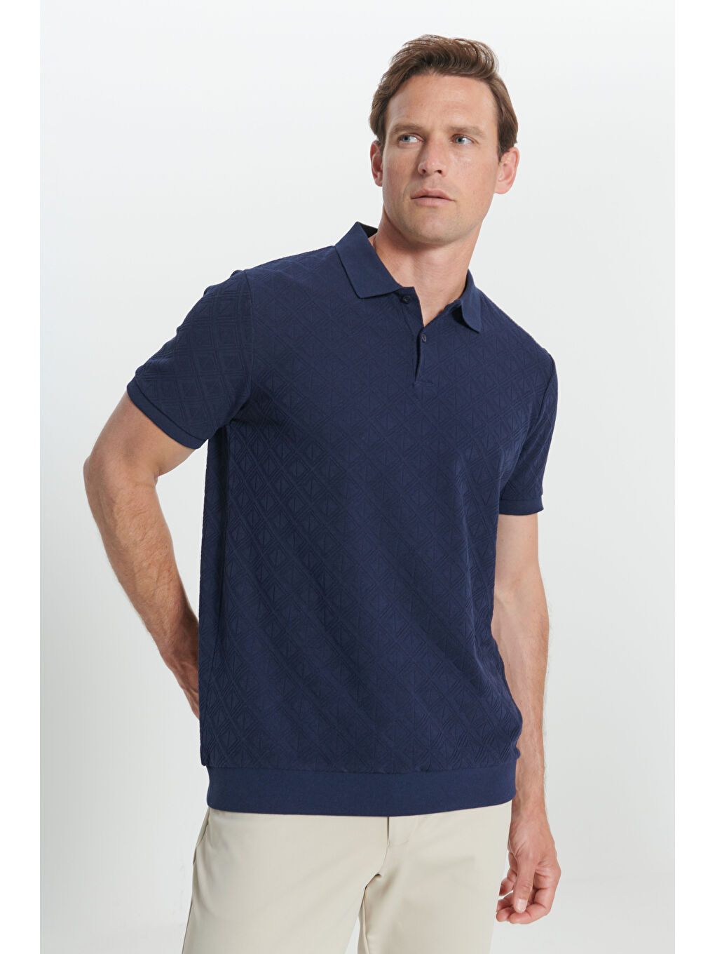 Erkek İndigo Standart Fit Normal Kesim Pamuklu Baklava Desenli Polo Yaka Tişört-2