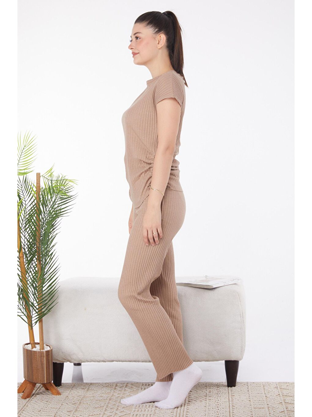 Bej Bisiklet Yaka Kadın Vizon Yanları Bağcıklı İkili Takım - 25839-2