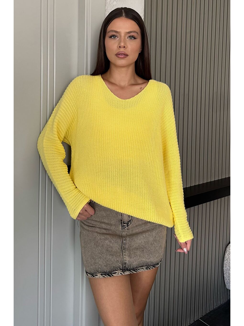 Sarı V Yaka Salaş Triko Bluz (s,m,l,xl Uyumludur)