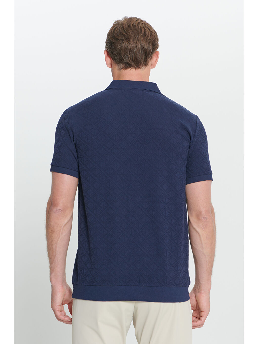 Erkek İndigo Standart Fit Normal Kesim Pamuklu Baklava Desenli Polo Yaka Tişört-5