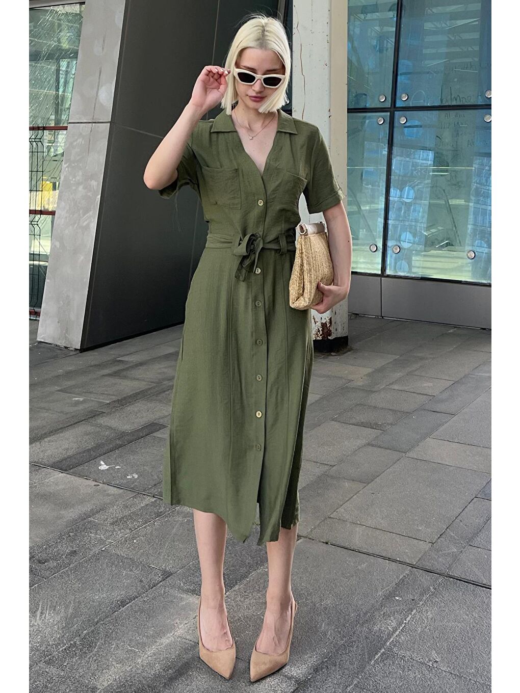 Yeşil Gömlek Yaka Cep Detaylı Düğmeli Uzun Elbise Mg2083