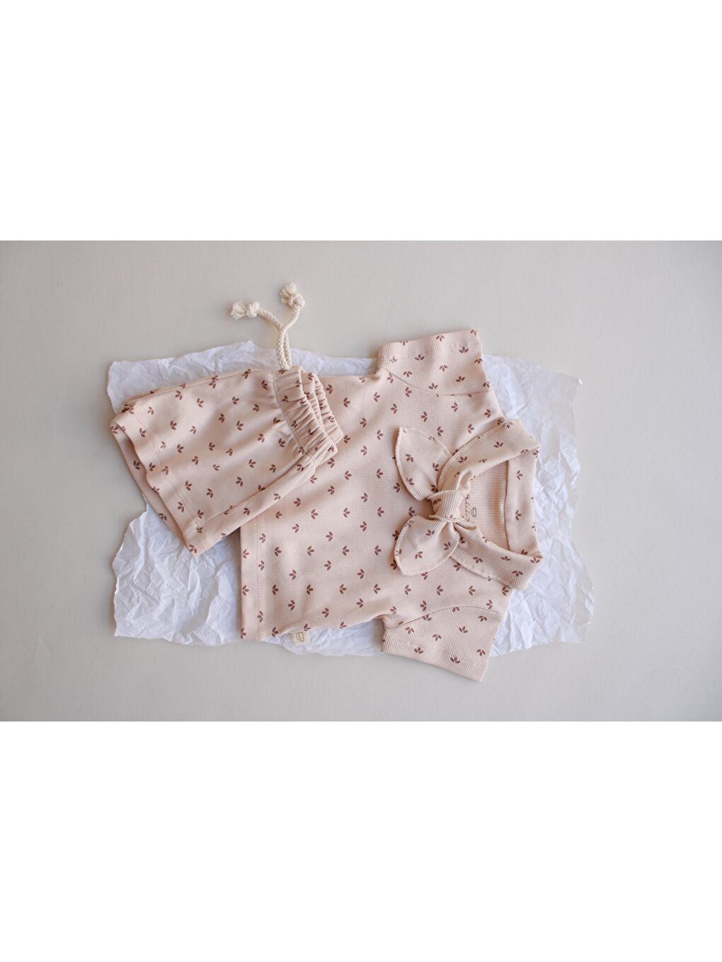 Bej Yaprak Baskı Kaşkorse Yaka Bağlamalı Takım-3