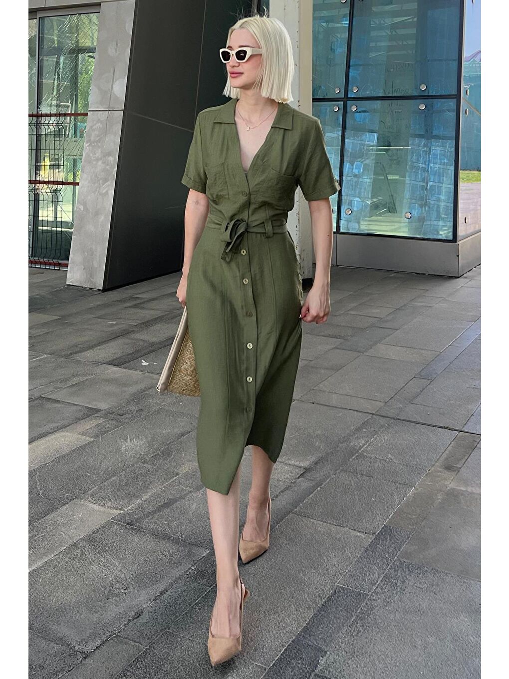 Yeşil Gömlek Yaka Cep Detaylı Düğmeli Uzun Elbise Mg2083-1