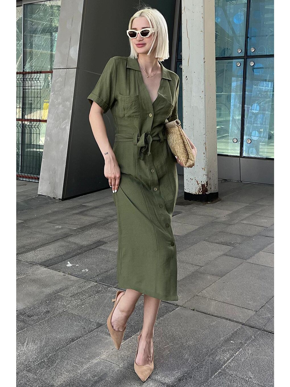 Yeşil Gömlek Yaka Cep Detaylı Düğmeli Uzun Elbise Mg2083-2