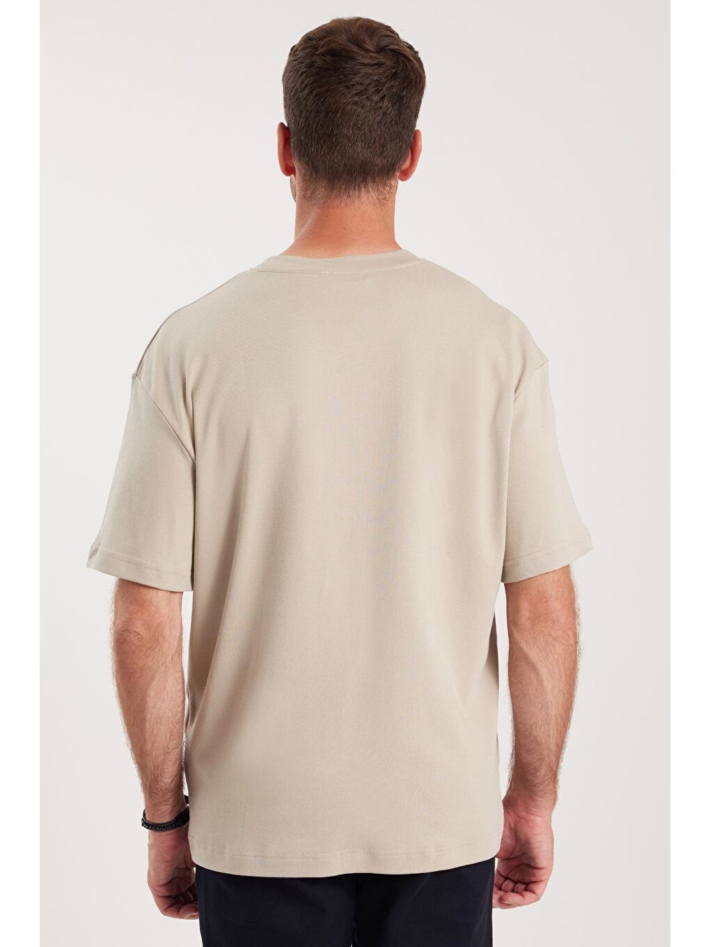 Bej Unisex Oversize Geniş Kesim %100 Pamuk Yumuşak Dokulu Basic Bisiklet Yaka Taş Tişört-6