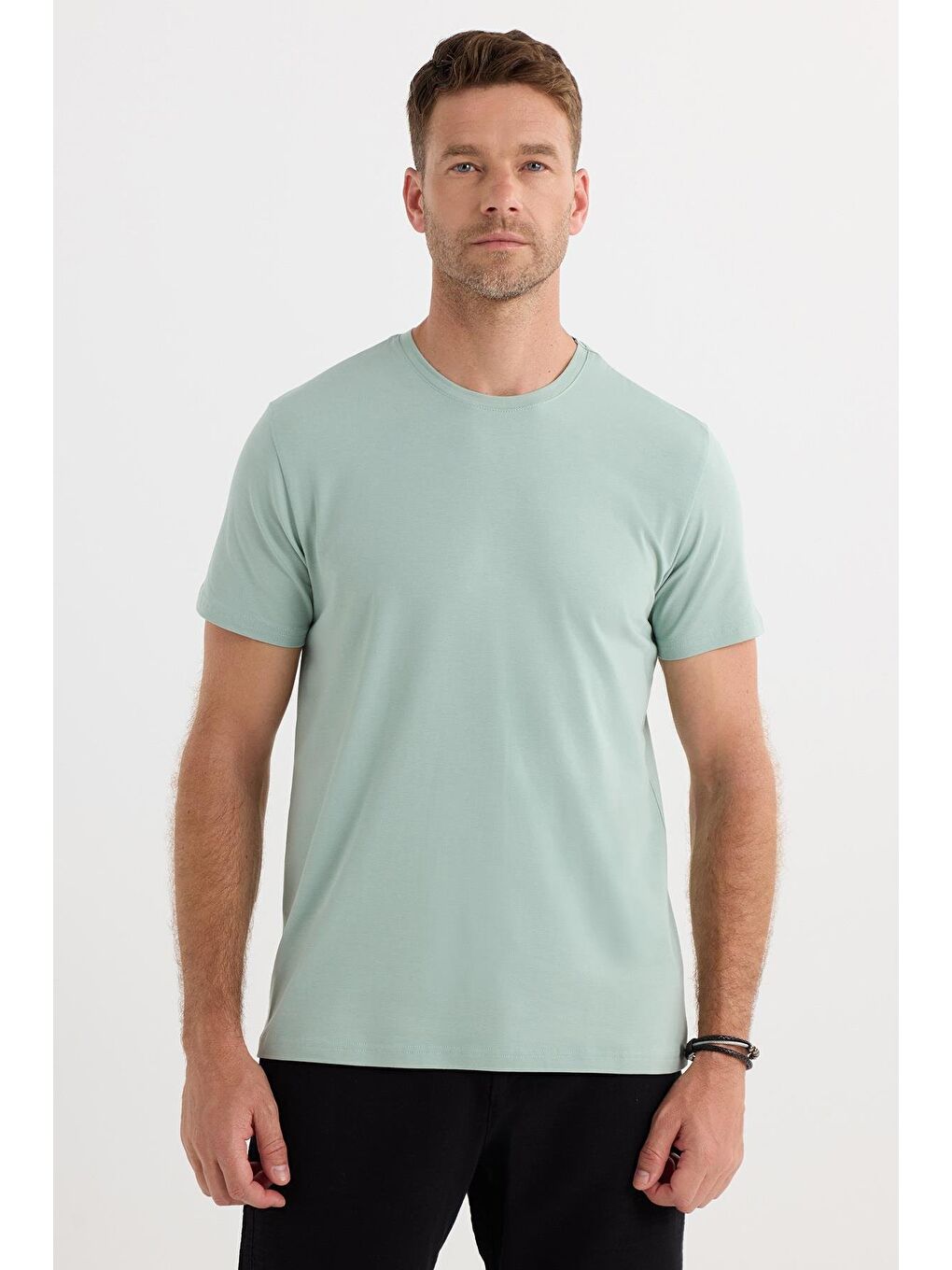 Erkek Slim Fit Dar Kesim Pamuklu Yumuşak Doku Elastanlı Esnek Kumaş Yeşil Bisiklet Yaka Tişört-3