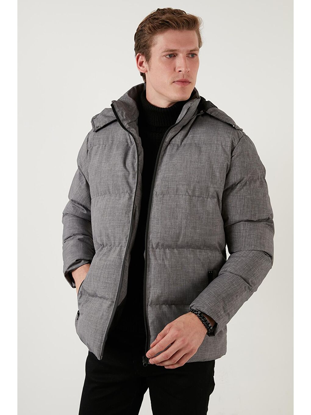 Gri Suya Dayanıklı Regular Fit Çıkarılabilir Kapüşonlu Şişme Mont 584008-2