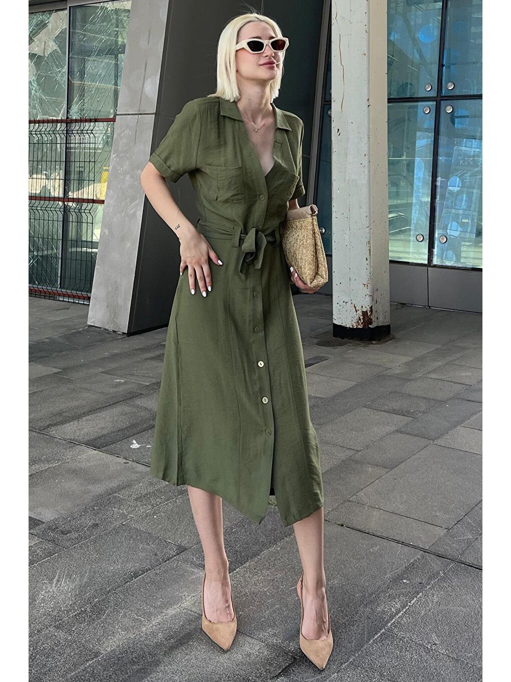 Yeşil Gömlek Yaka Cep Detaylı Düğmeli Uzun Elbise Mg2083-4