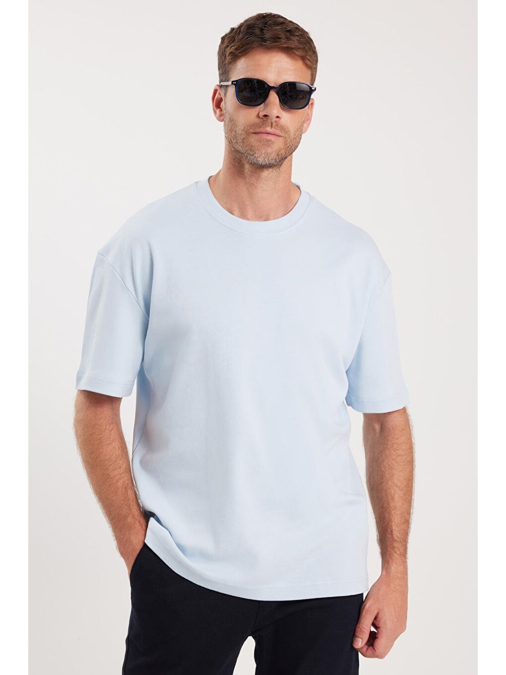 Unisex Oversize Geniş Kesim %100 Pamuk Yumuşak Dokulu Basic Bisiklet Yaka Mavi Tişört