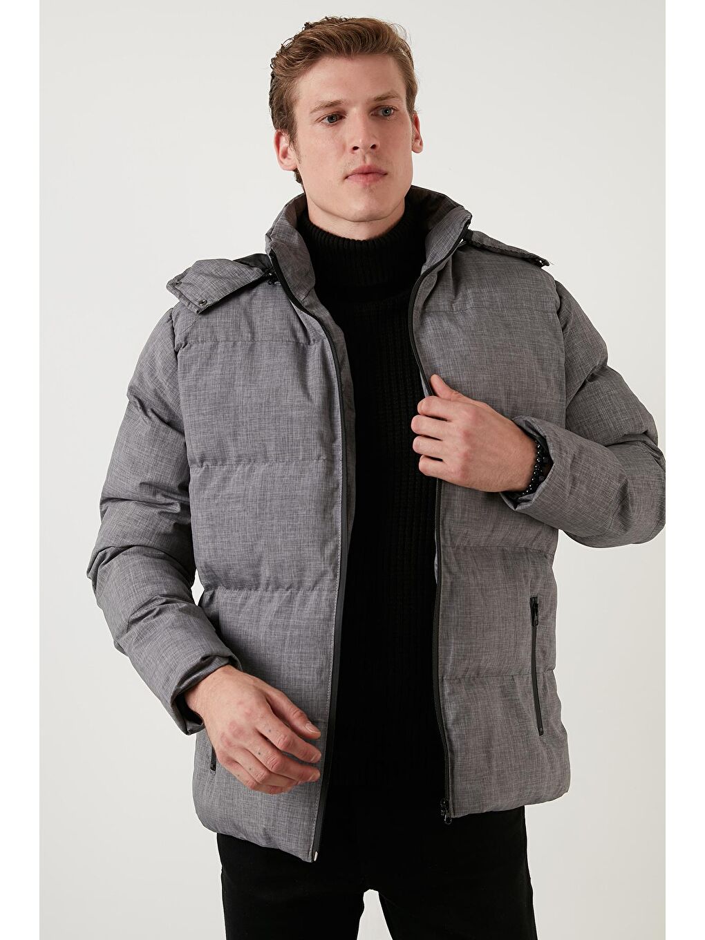 Gri Suya Dayanıklı Regular Fit Çıkarılabilir Kapüşonlu Şişme Mont 584008-3