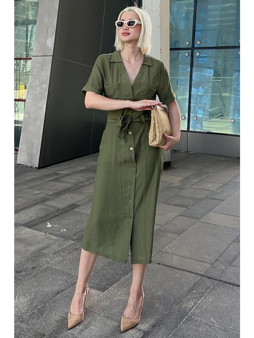 Yeşil Gömlek Yaka Cep Detaylı Düğmeli Uzun Elbise Mg2083-5