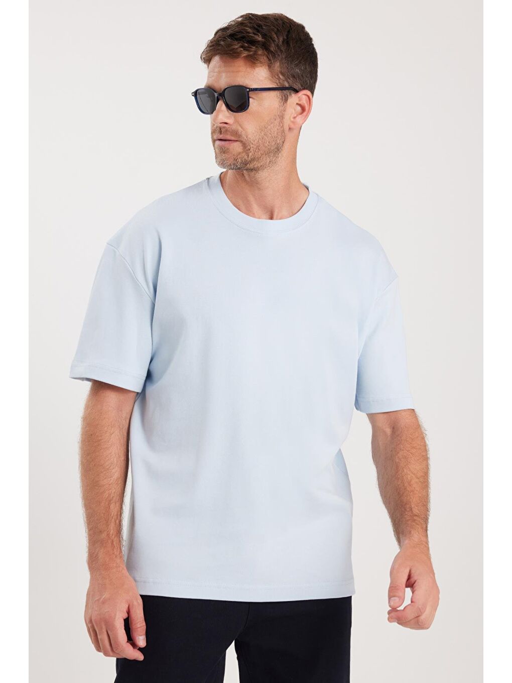 Unisex Oversize Geniş Kesim %100 Pamuk Yumuşak Dokulu Basic Bisiklet Yaka Mavi Tişört-1