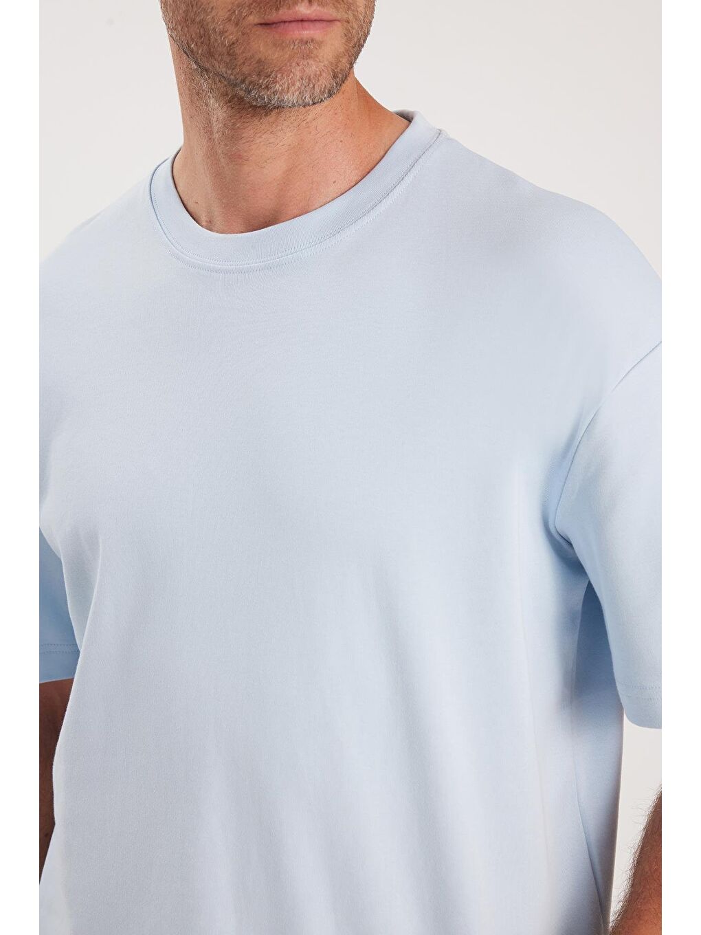 Unisex Oversize Geniş Kesim %100 Pamuk Yumuşak Dokulu Basic Bisiklet Yaka Mavi Tişört-2