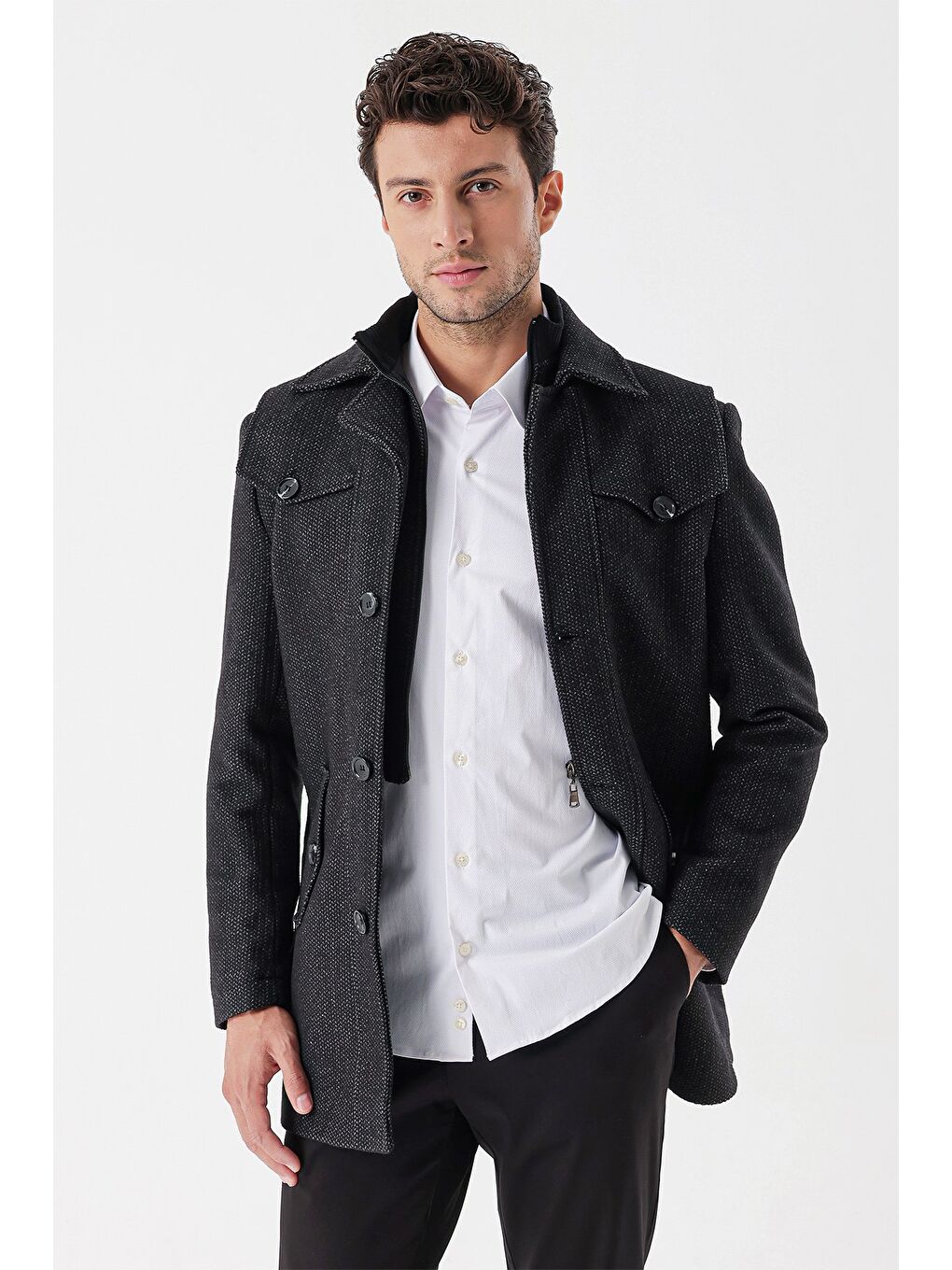 Siyah Kaşe Bebe Yaka Desenli Astarlı Slim Fit Dar Kesim Klasik Kaban 1008235156-2