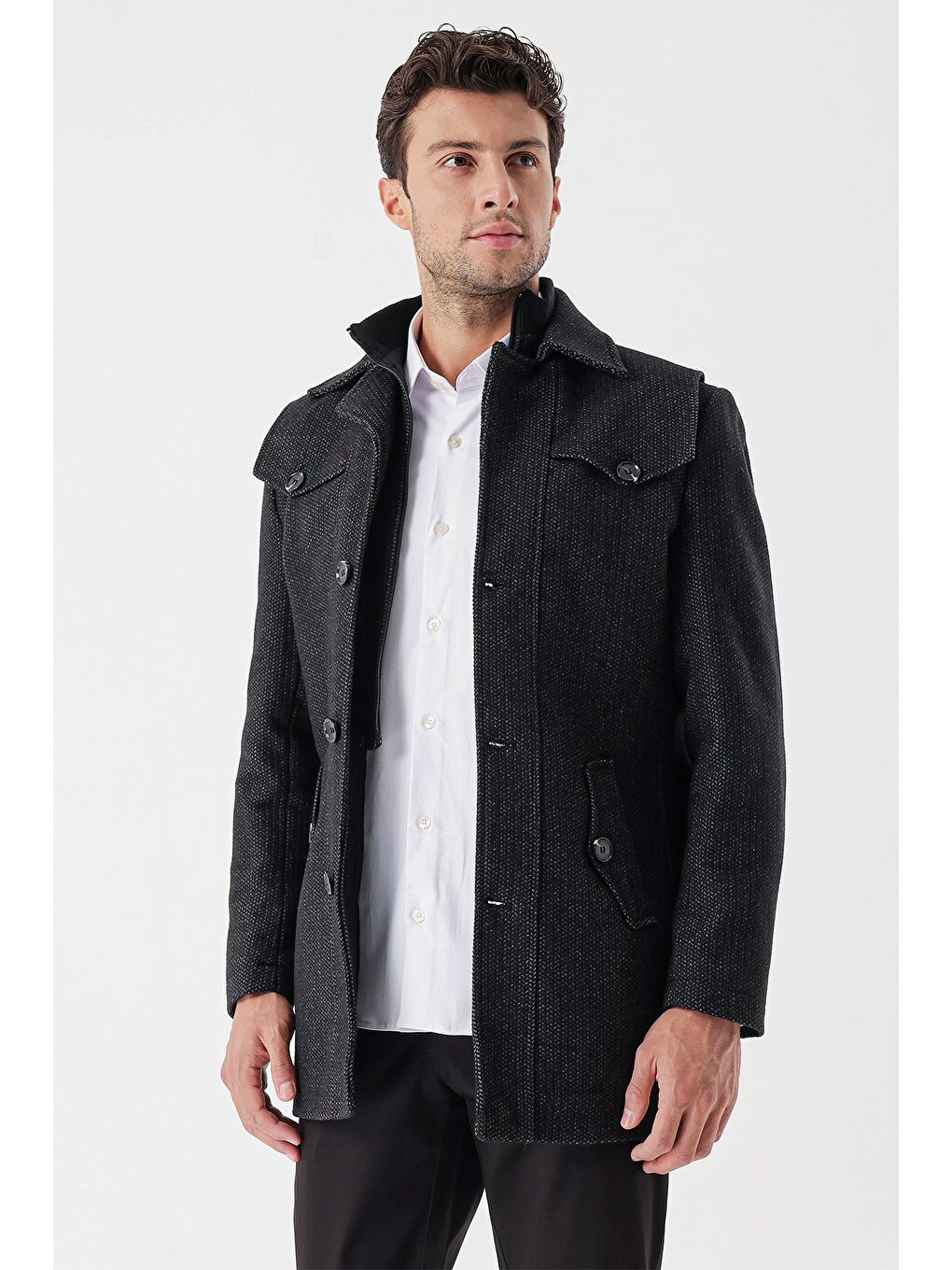 Siyah Kaşe Bebe Yaka Desenli Astarlı Slim Fit Dar Kesim Klasik Kaban 1008235156-3