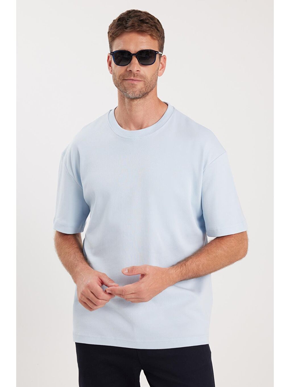 Unisex Oversize Geniş Kesim %100 Pamuk Yumuşak Dokulu Basic Bisiklet Yaka Mavi Tişört-3