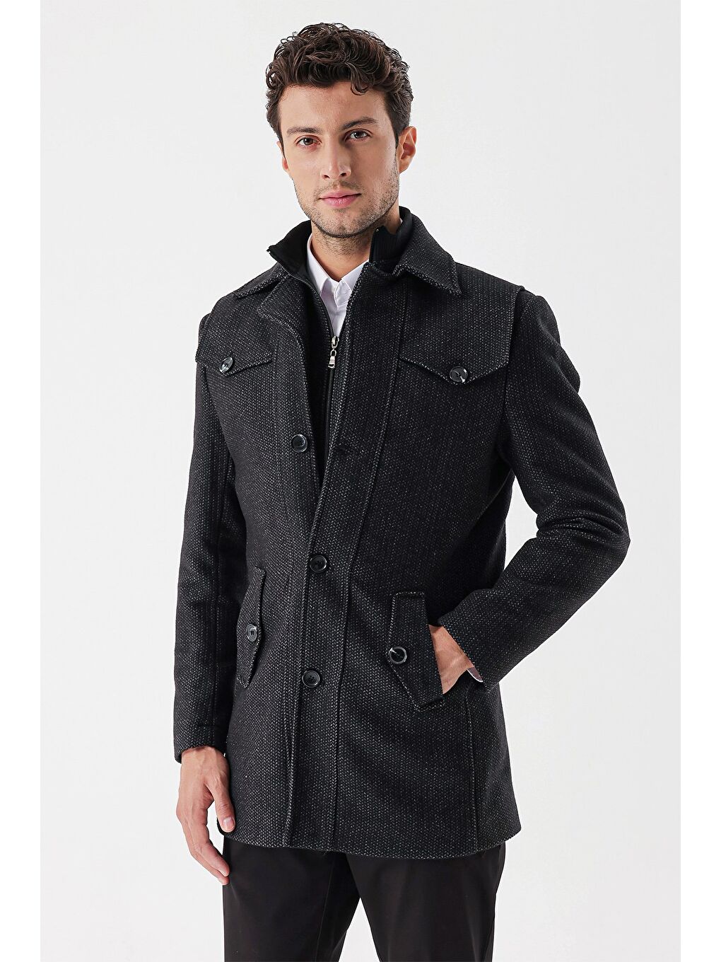 Siyah Kaşe Bebe Yaka Desenli Astarlı Slim Fit Dar Kesim Klasik Kaban 1008235156-4