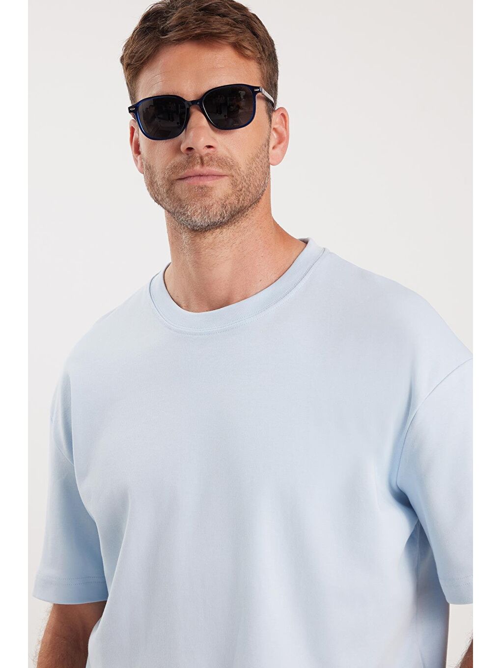 Unisex Oversize Geniş Kesim %100 Pamuk Yumuşak Dokulu Basic Bisiklet Yaka Mavi Tişört-4