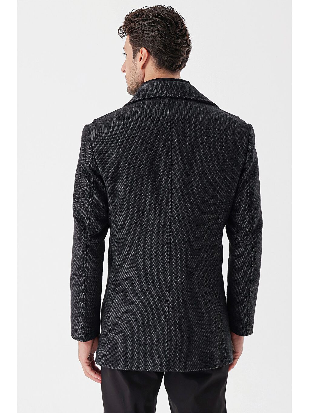 Siyah Kaşe Bebe Yaka Desenli Astarlı Slim Fit Dar Kesim Klasik Kaban 1008235156-6