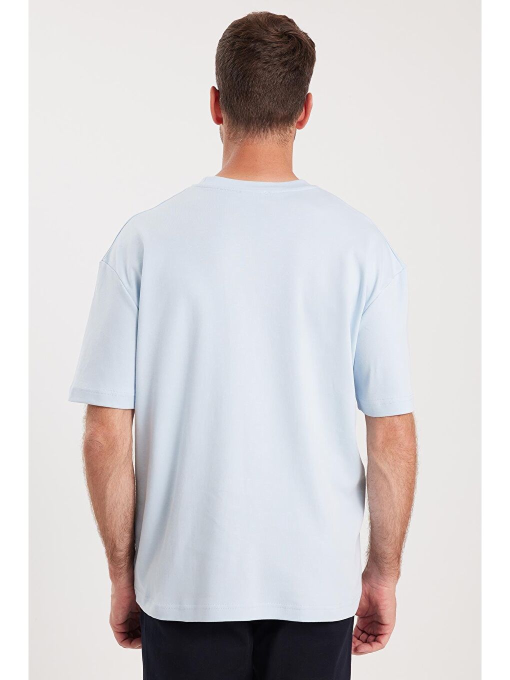 Unisex Oversize Geniş Kesim %100 Pamuk Yumuşak Dokulu Basic Bisiklet Yaka Mavi Tişört-6