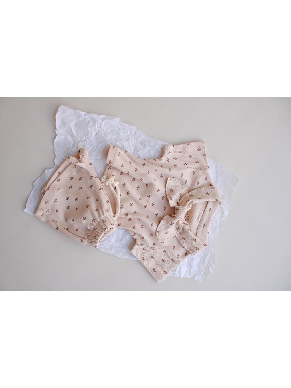 Bej Yaprak Baskı Kaşkorse Yaka Bağlamalı Takım-5