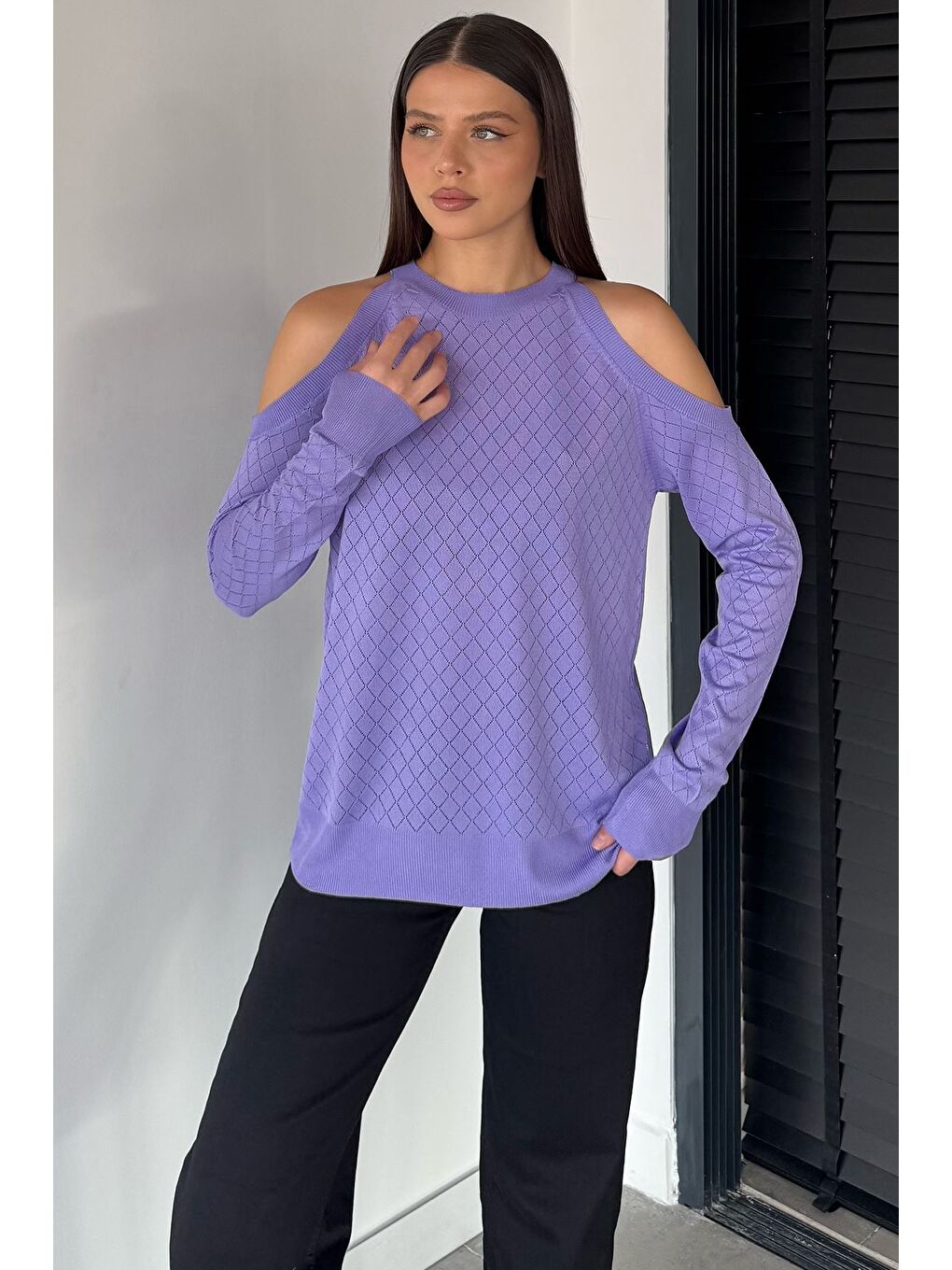 Lila Omuz Dekolteli Kadın Triko Bluz-1