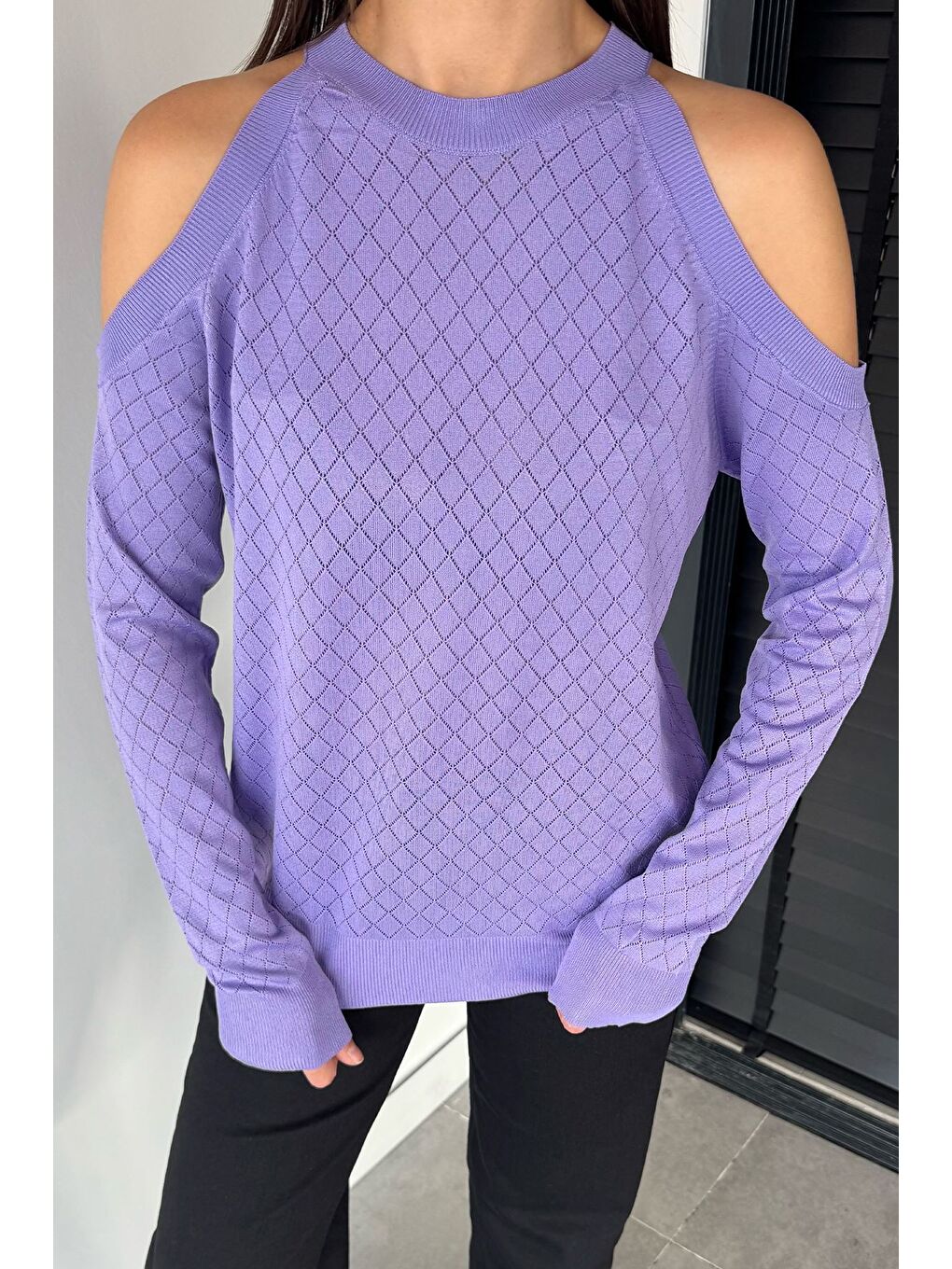 Lila Omuz Dekolteli Kadın Triko Bluz-2