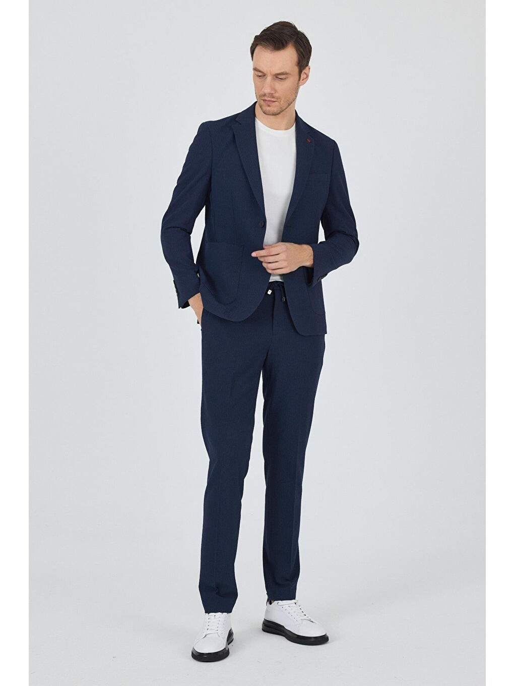 Koyu Lacivert Gofreli Mono Yaka Esnek 6 Drop Slim Fit Classic Takım Elbise 1001250117-1
